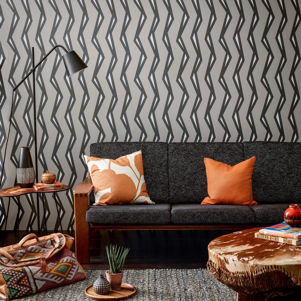 Rayo Zigzag Wallpaper 111814 by Scion in Steel Liquorice Black